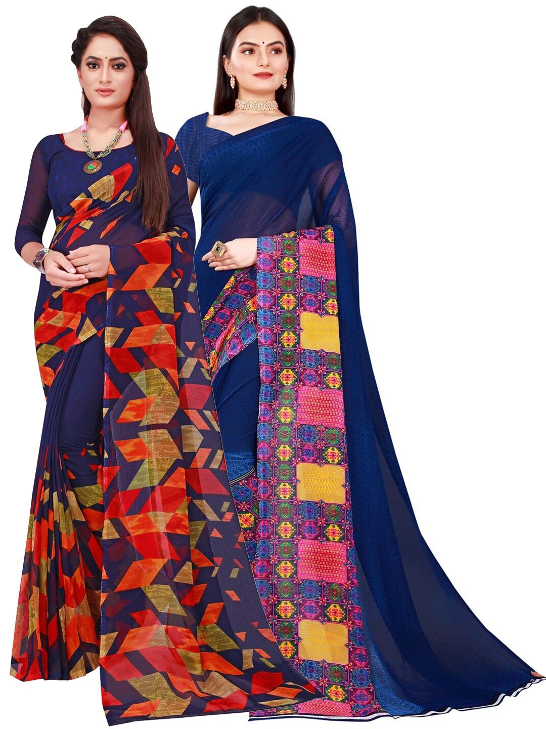 

SAADHVI Pack Of 2 Navy Blue & Red Printed Pure Georgette Saree