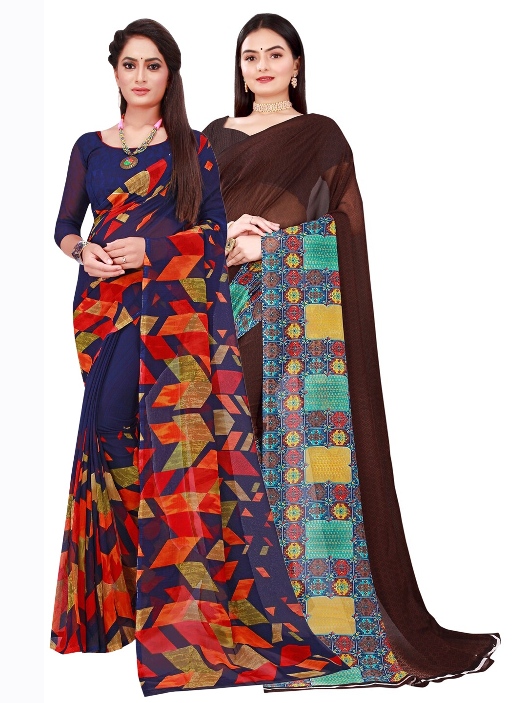 SAADHVI Pack Of 2 Navy Blue & Brown Pure Georgette Saree