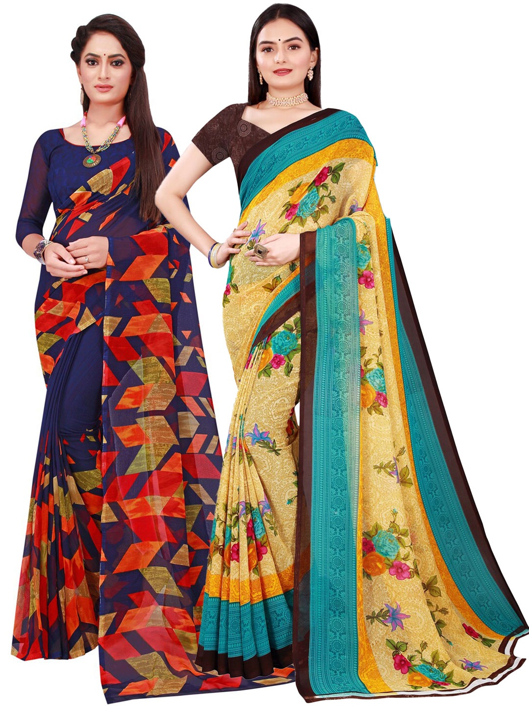 

SAADHVI Navy Blue & Yellow Set Of 2 Printed Pure Georgette Saree