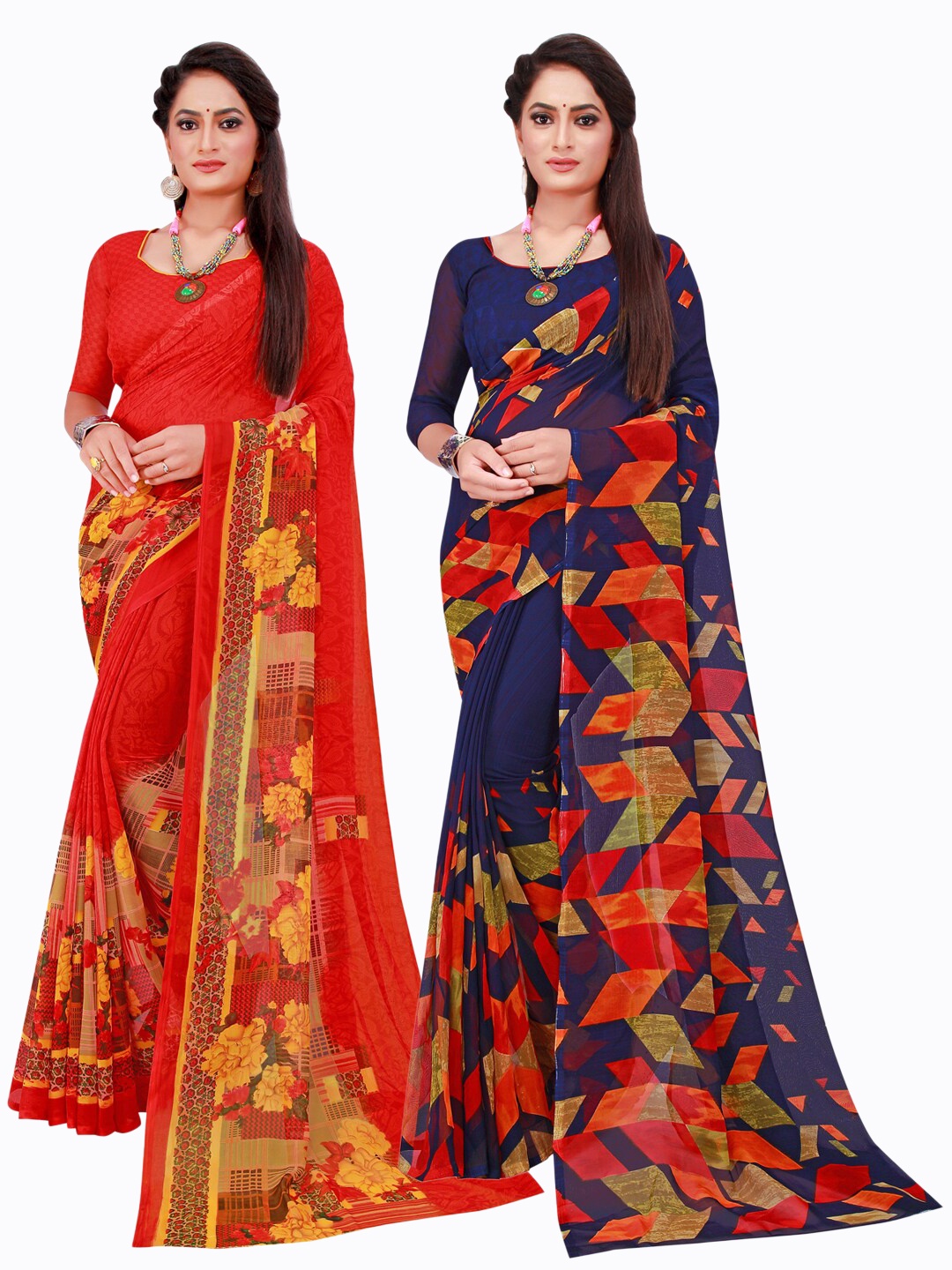 

SAADHVI Set Of 2 Navy Blue & Red Floral Pure Georgette Saree