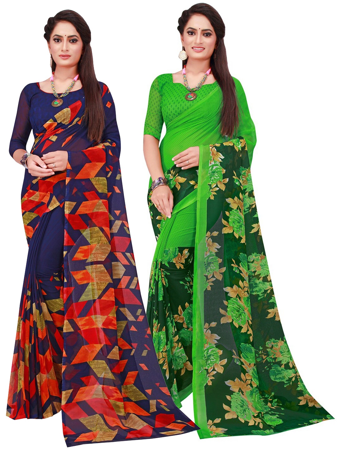 

SAADHVI Navy Blue & Green Set of 2 Floral Printed Pure Georgette Saree