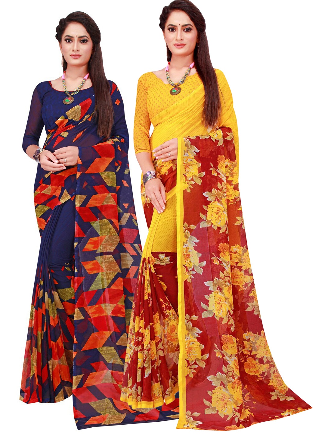 

SAADHVI Pack of 2 Navy Blue & Yellow Floral Pure Georgette Sarees