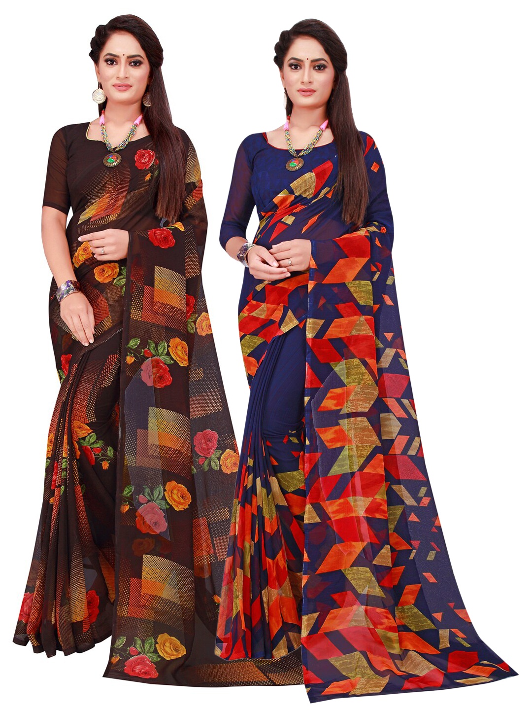 SAADHVI Pack Of 2 Navy Blue & Red Printed Georgette Saree