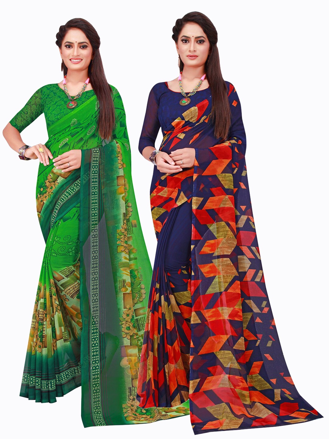 

SAADHVI Navy Blue & Green Set Of 2 Printed Pure Georgette Saree