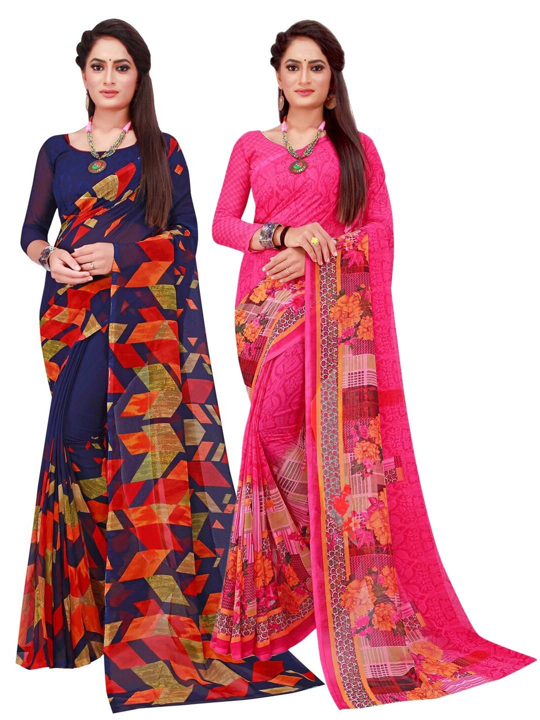 

SAADHVI Set Of 2 Navy Blue & Pink Floral Pure Georgette Saree