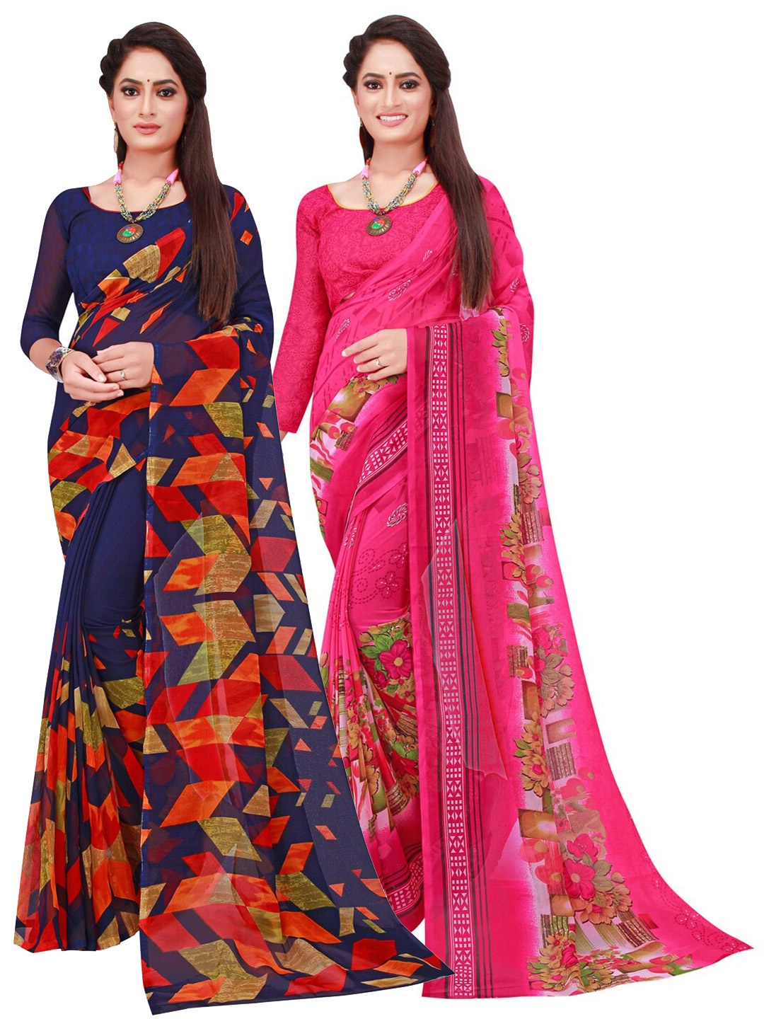 

SAADHVI Navy Blue & Pink Set of 2 Floral Printed Pure Georgette Saree