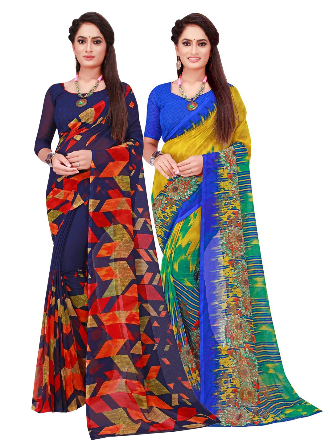 

SAADHVI Navy Blue & Green Pure Georgette Saree