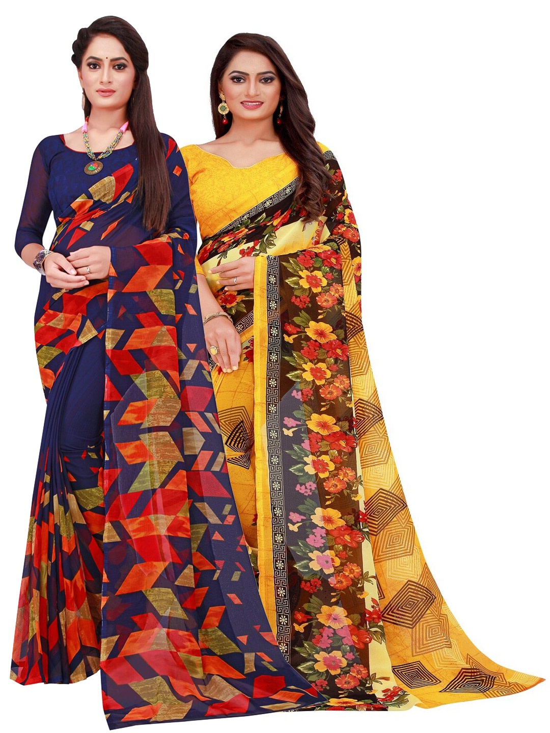 

SAADHVI Pack Of 2 Navy Blue & Yellow Printed Pure Georgette Saree