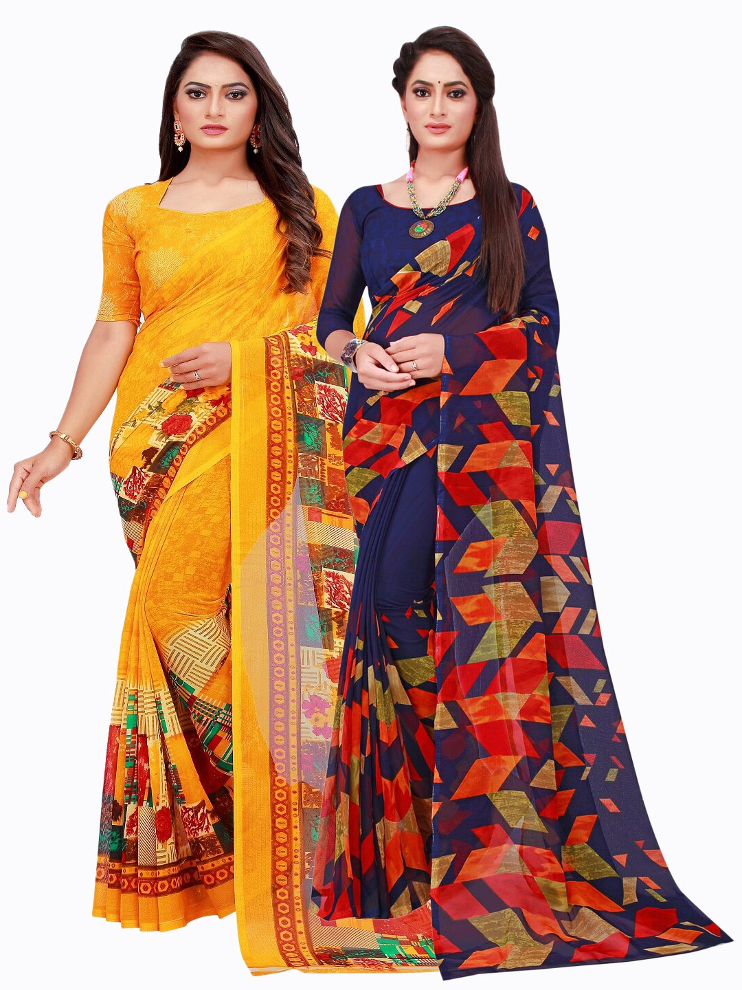 

SAADHVI Pack Of 2 Navy Blue & Yellow Pure Georgette Saree