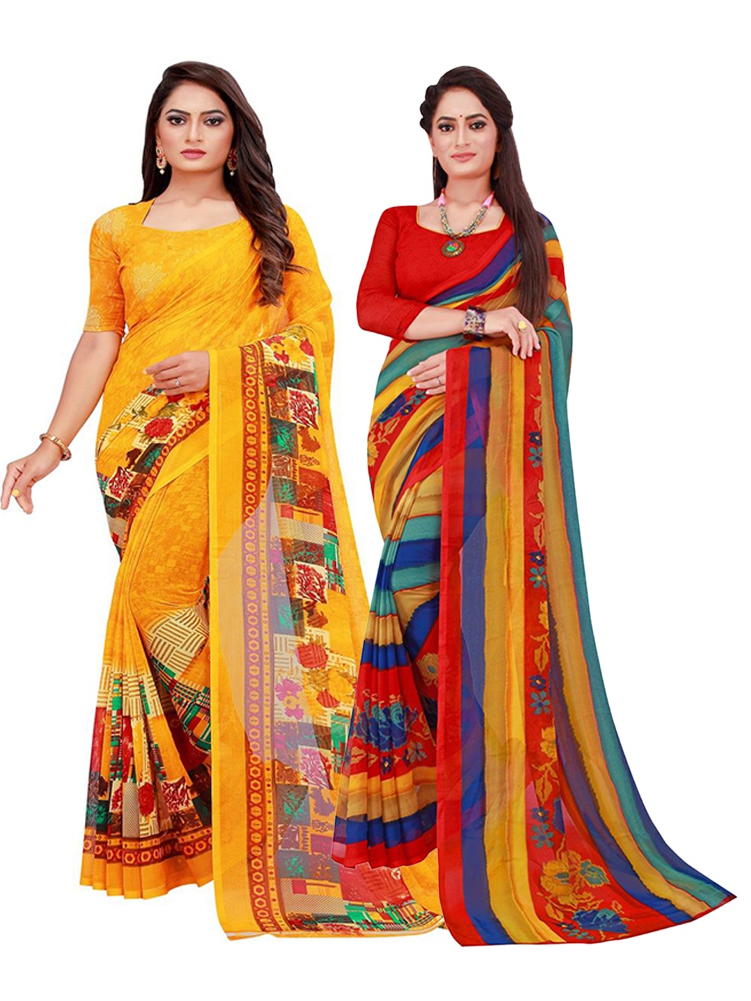 

SAADHVI Red & Yellow Set of 2 Floral Printed Pure Georgette Saree