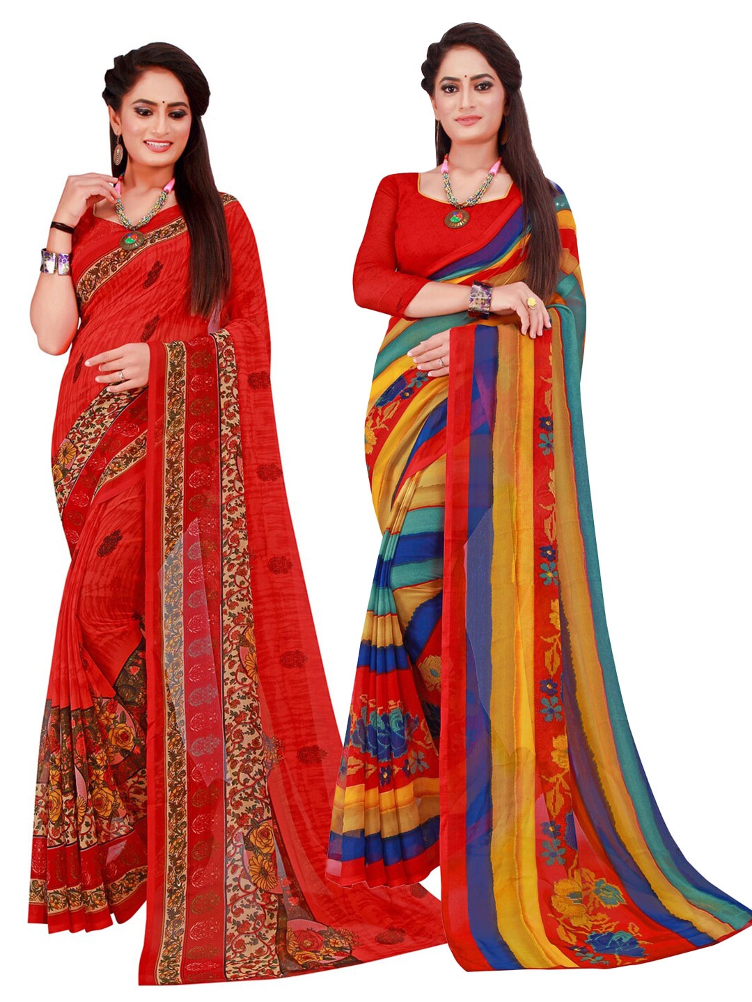 

SAADHVI Pack of 2 Red & Yellow Pure Georgette Sarees