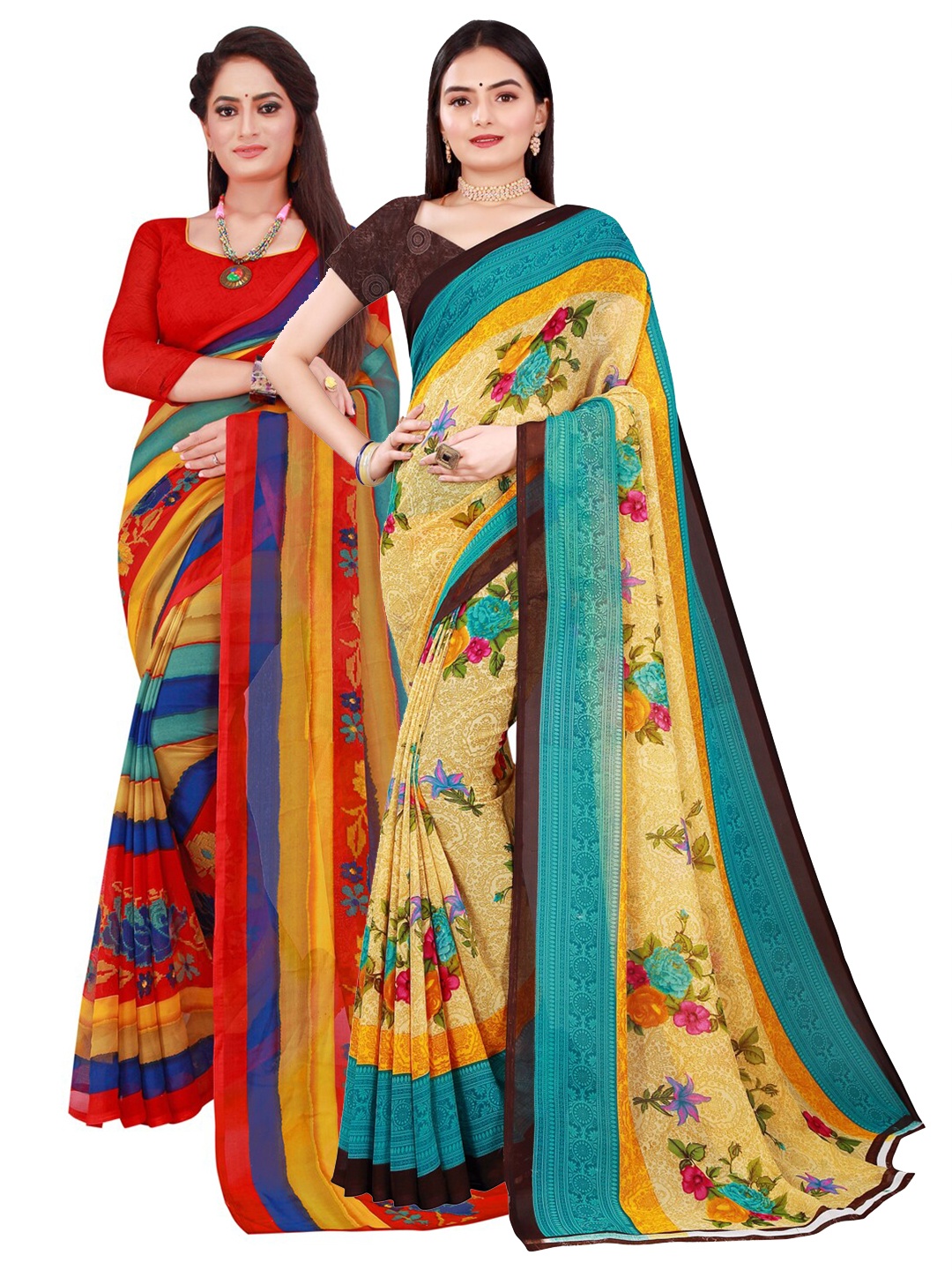 

SAADHVI Set Of 2 Red & Yellow Floral Pure Georgette Saree
