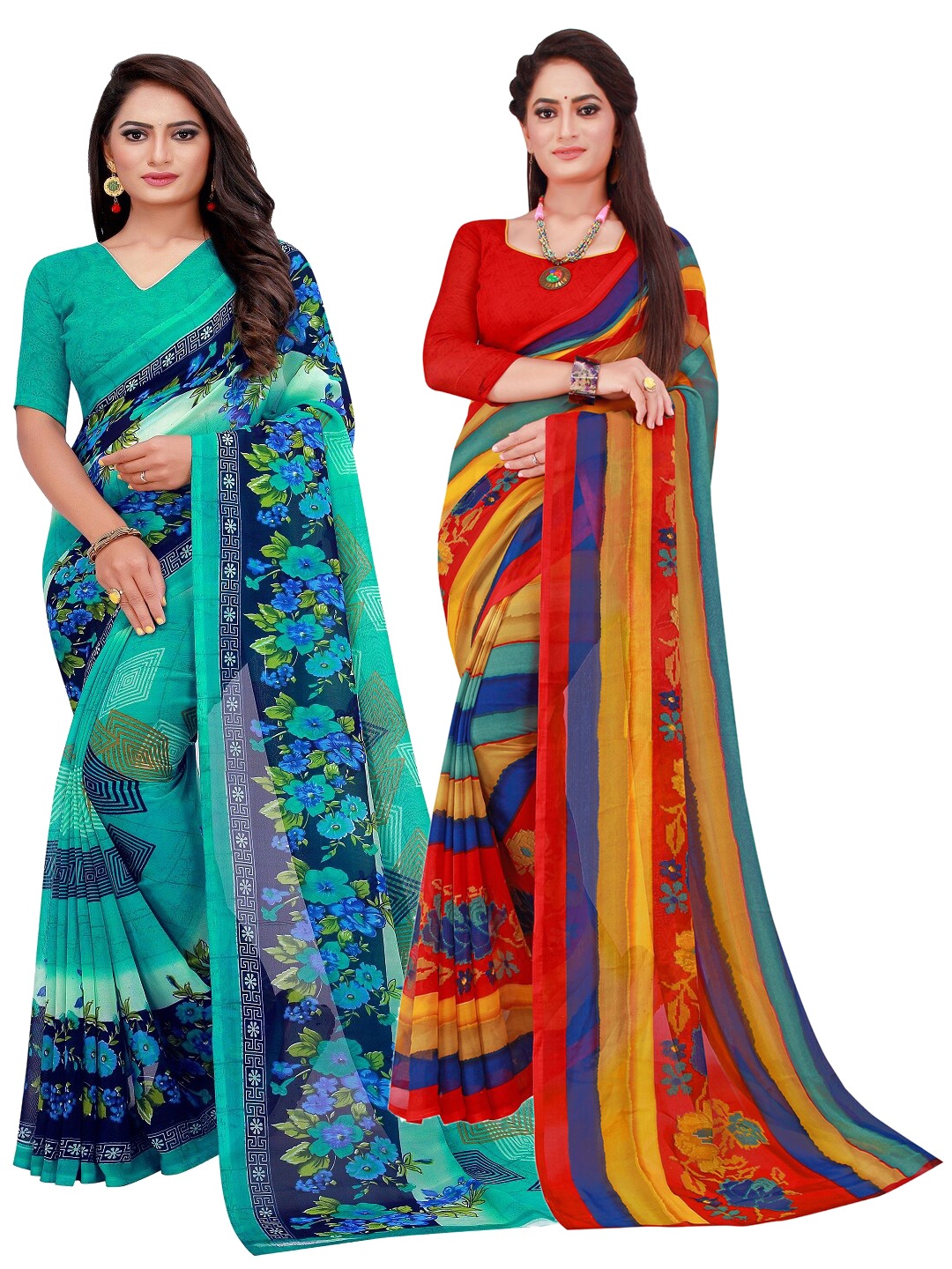 

SAADHVI Red & Teal Set Of 2 Printed Pure Georgette Saree