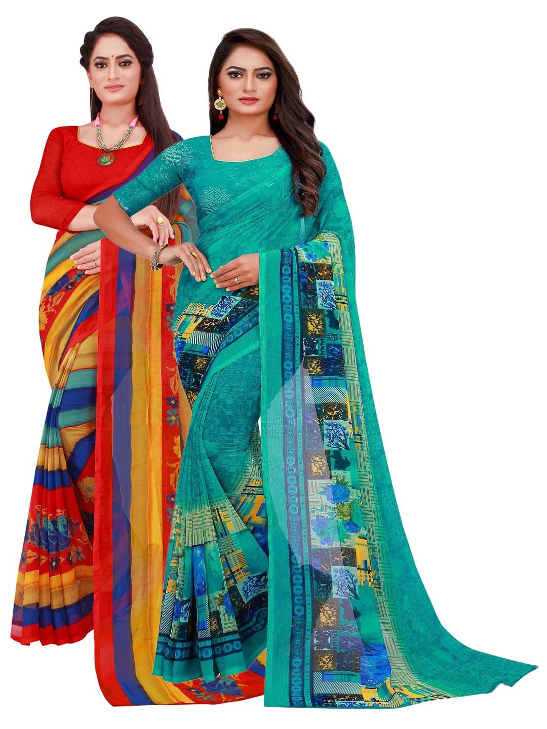 

SAADHVI Red & Teal Pure Georgette Printed Saree Pack Of 2