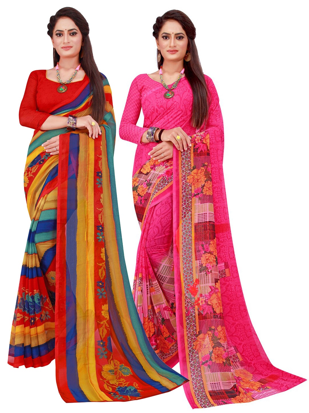 

SAADHVI Pack of 2 Red & Pink Pure Georgette Sarees