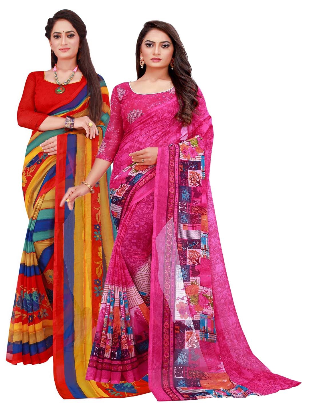 

SAADHVI Pack Of 2 Red & Pink Floral Printed Pure Georgette Saree