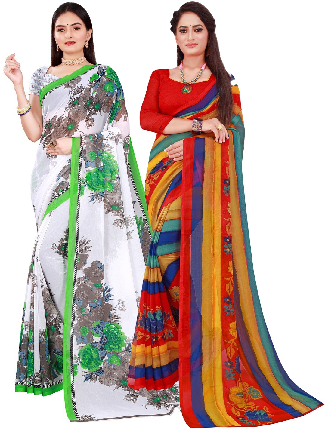 

SAADHVI Pack of 2 Printed Pure Georgette Sarees, Red