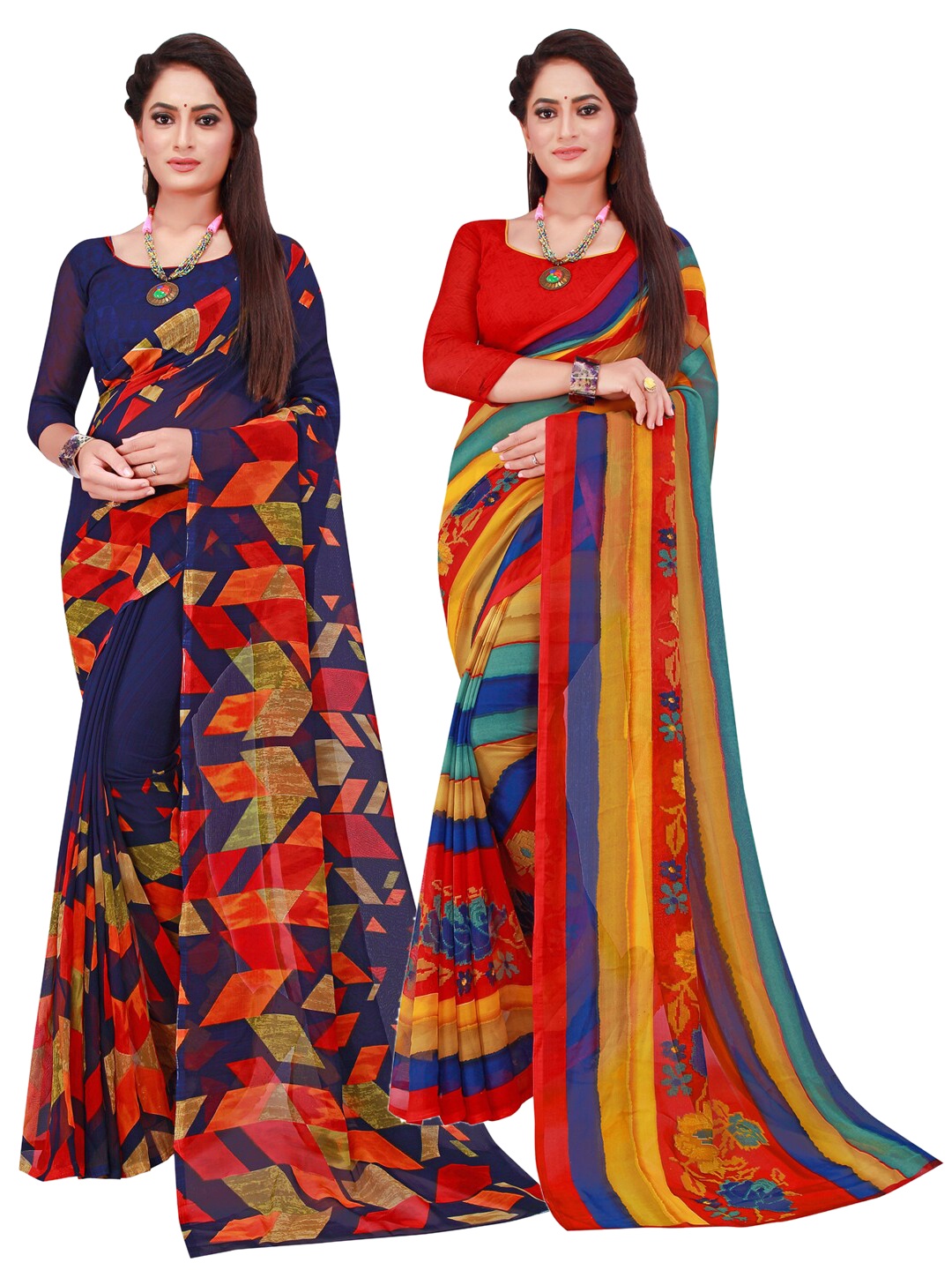

SAADHVI Set Of 2 Red & Navy Blue Floral Pure Georgette Saree