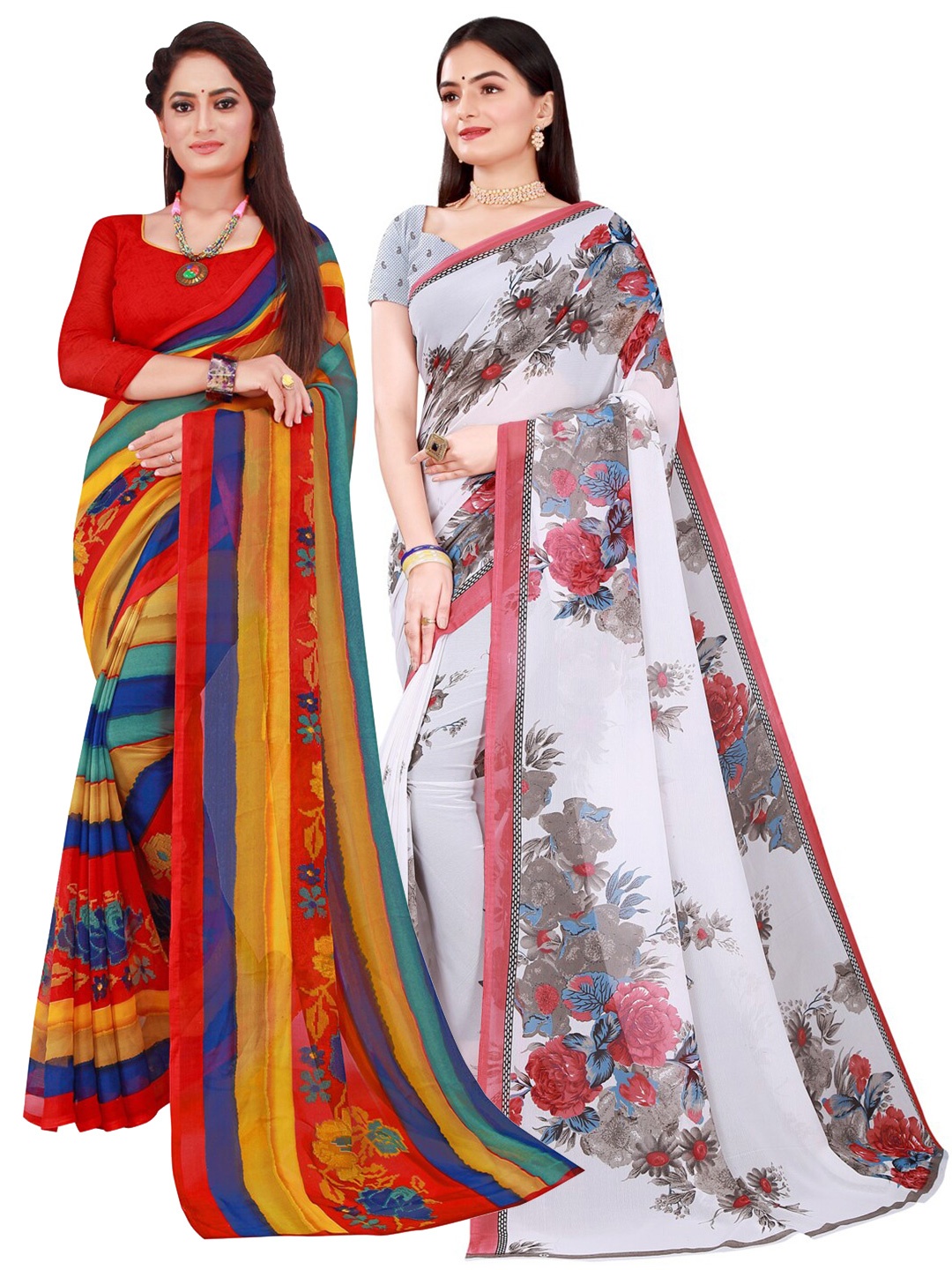 

SAADHVI Red & White Pure Georgette Printed Saree Pack Of 2