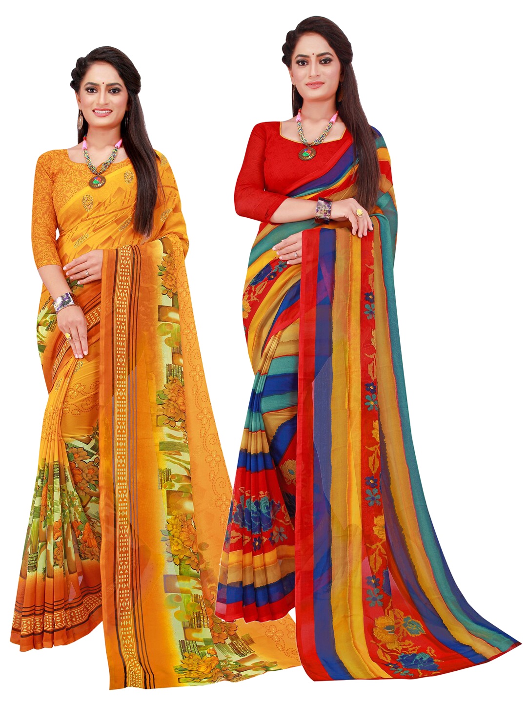 

SAADHVI Red & Yellow Pure Georgette Saree