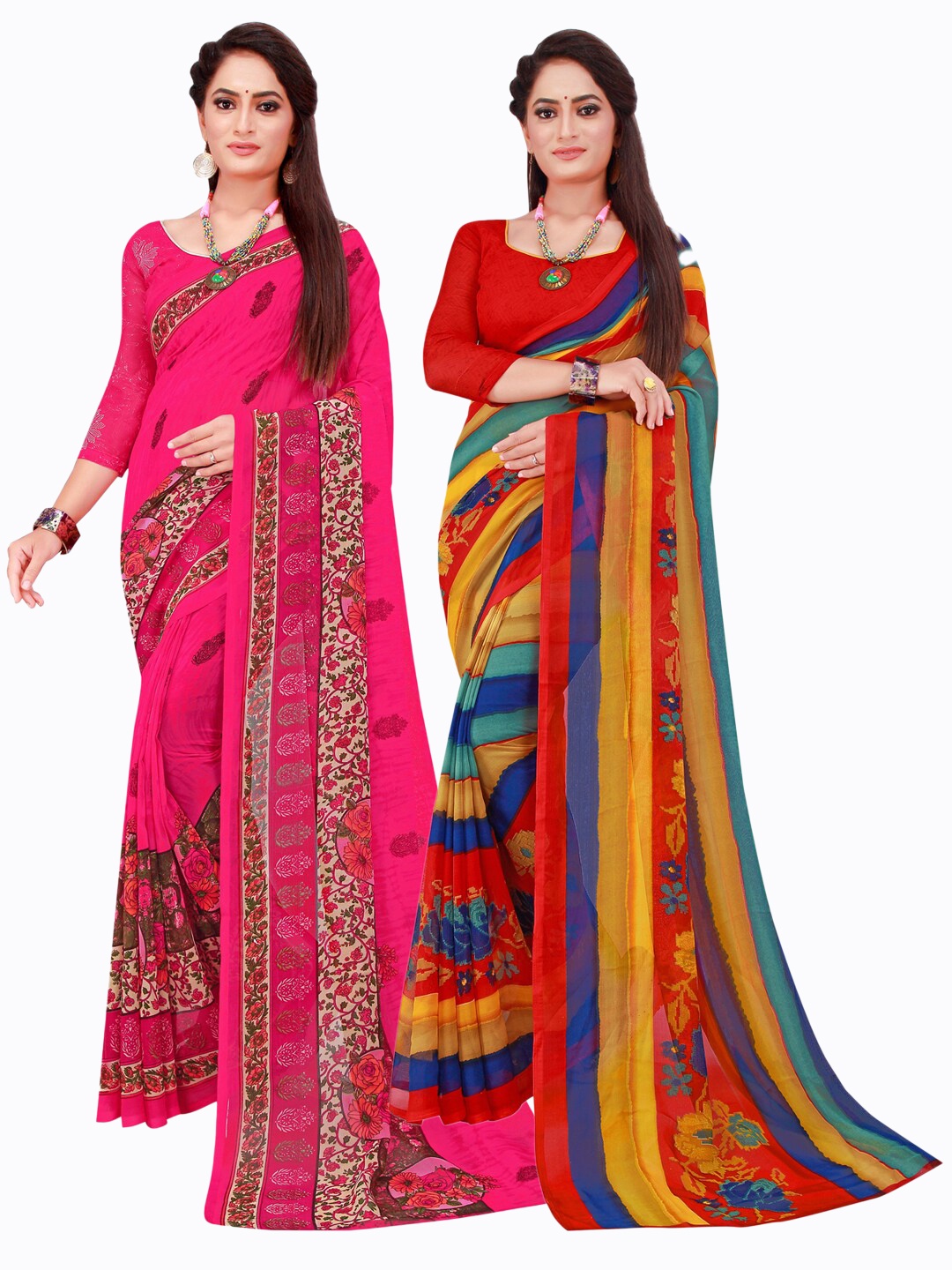 

SAADHVI Pack of 2 Red & Pink Pure Georgette Sarees