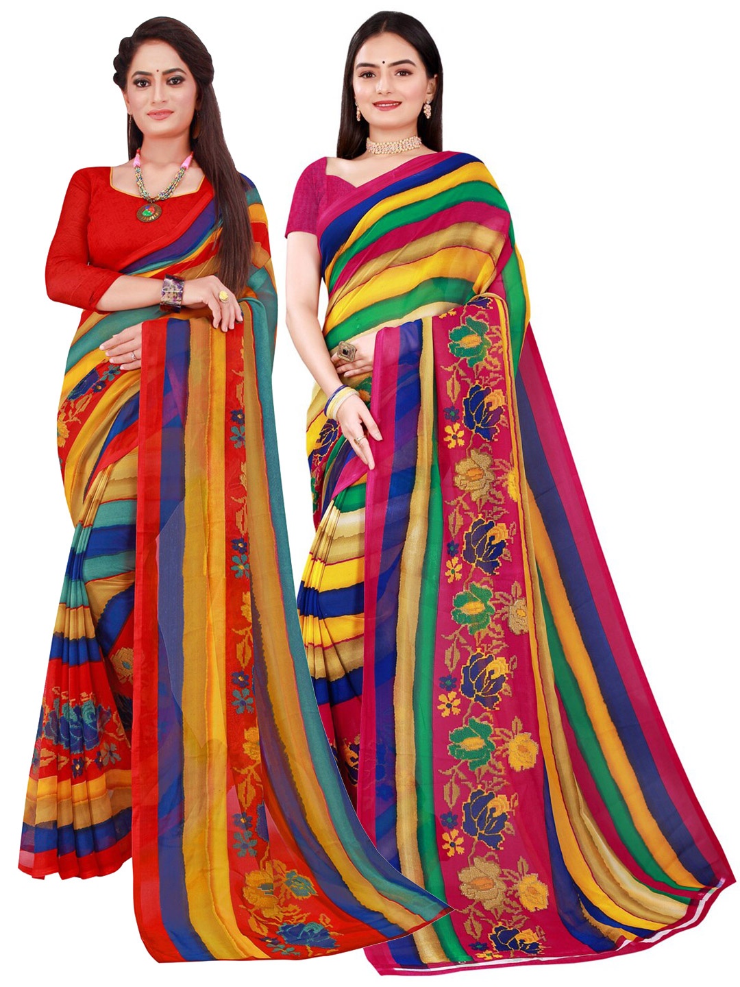 

SAADHVI Set Of 2 Multicoloured Striped Pure Georgette Saree, Multi