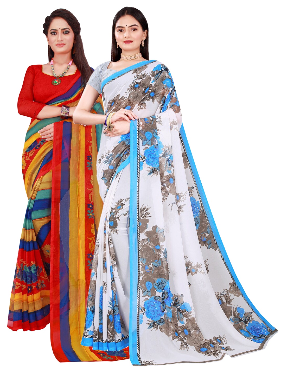 

SAADHVI Red & Blue Set Of 2 Floral Pure Georgette Saree