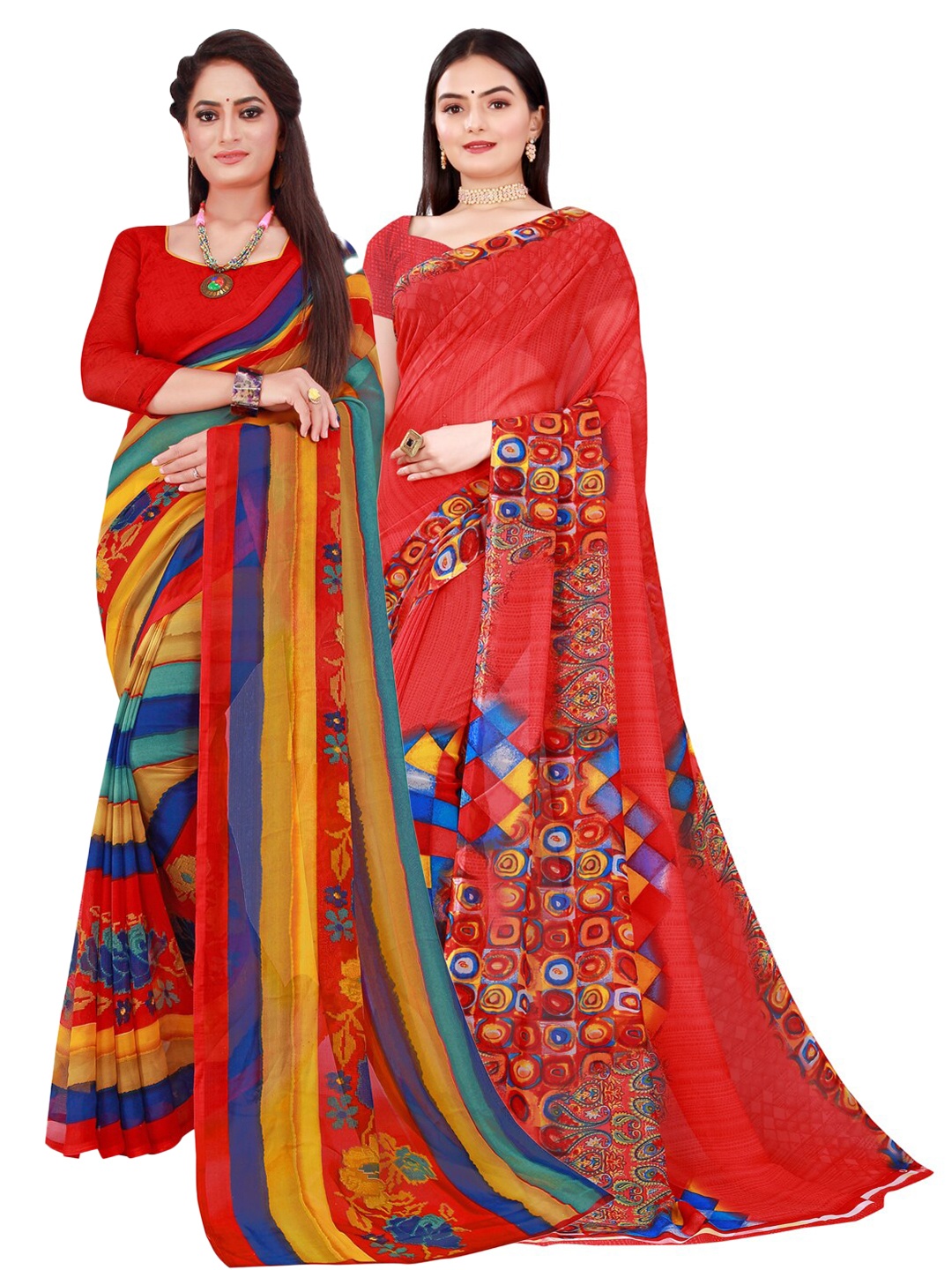 SAADHVI Red & Blue Pure Georgette Printed Saree Pack Of 2