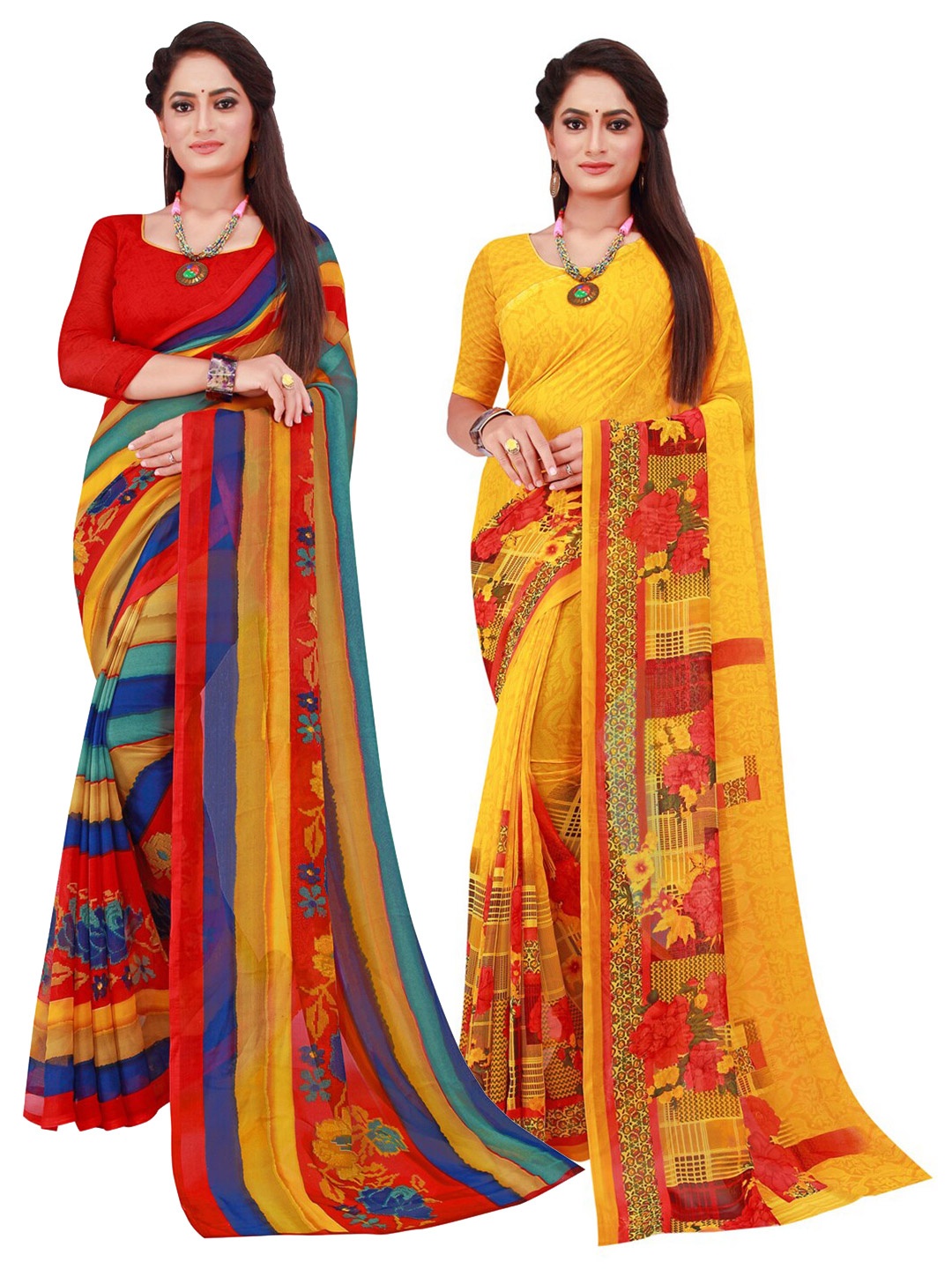 

SAADHVI Red & Yellow Pure Georgette Saree