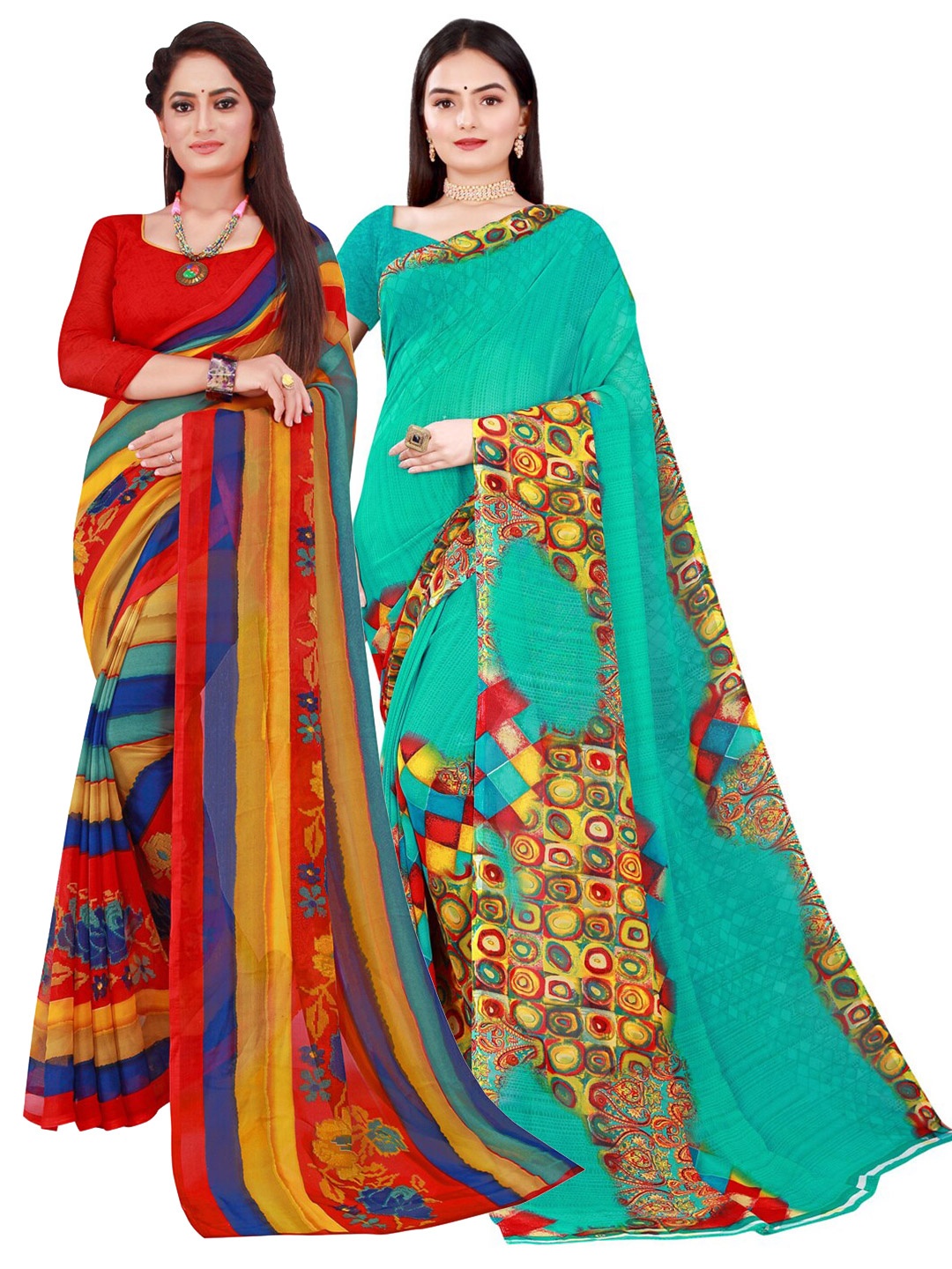

SAADHVI Pack Of 2 Red & Blue Pure Georgette Saree