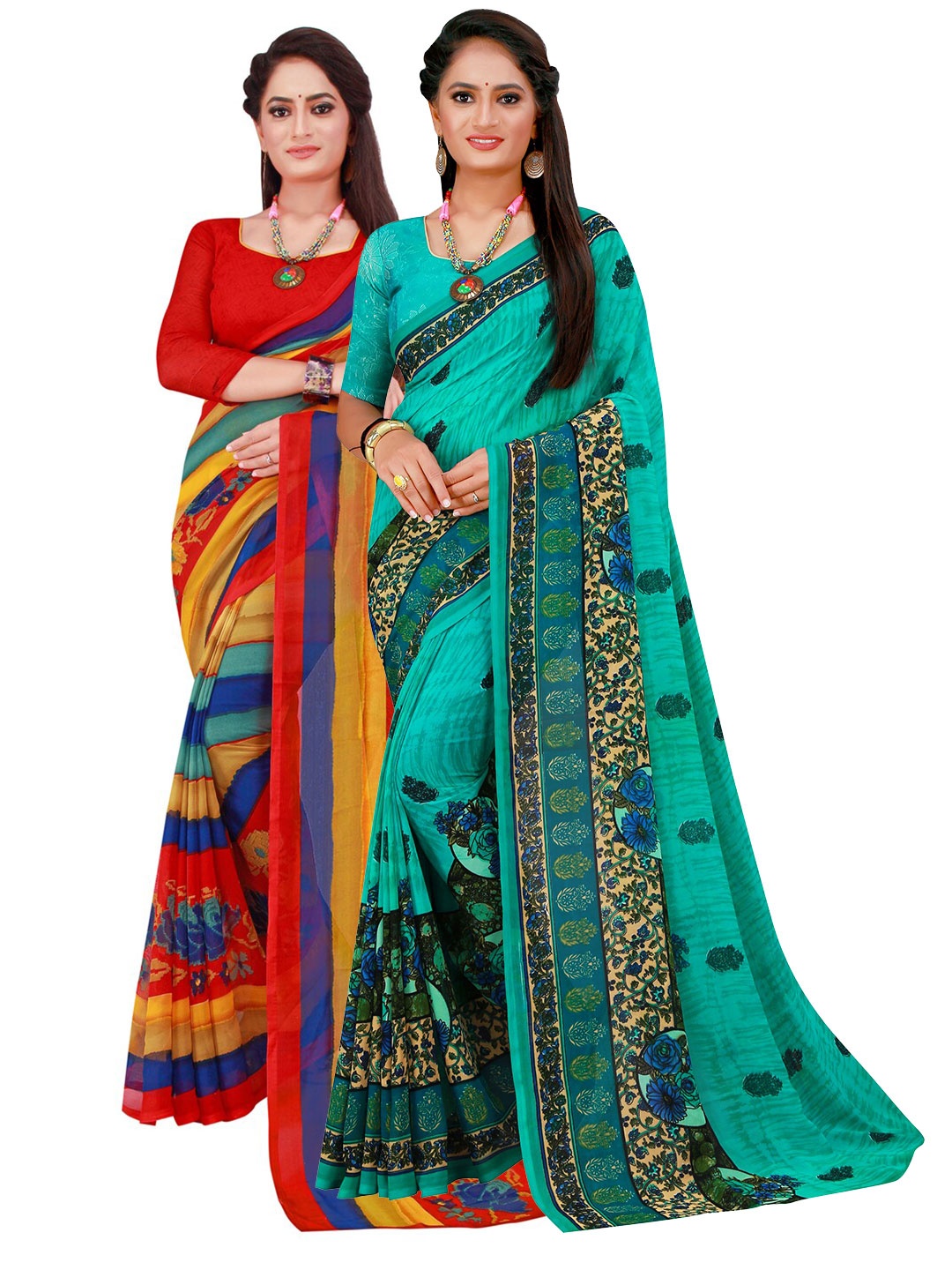 

SAADHVI Set Of 2 Red & Teal Blue Floral Pure Georgette Saree