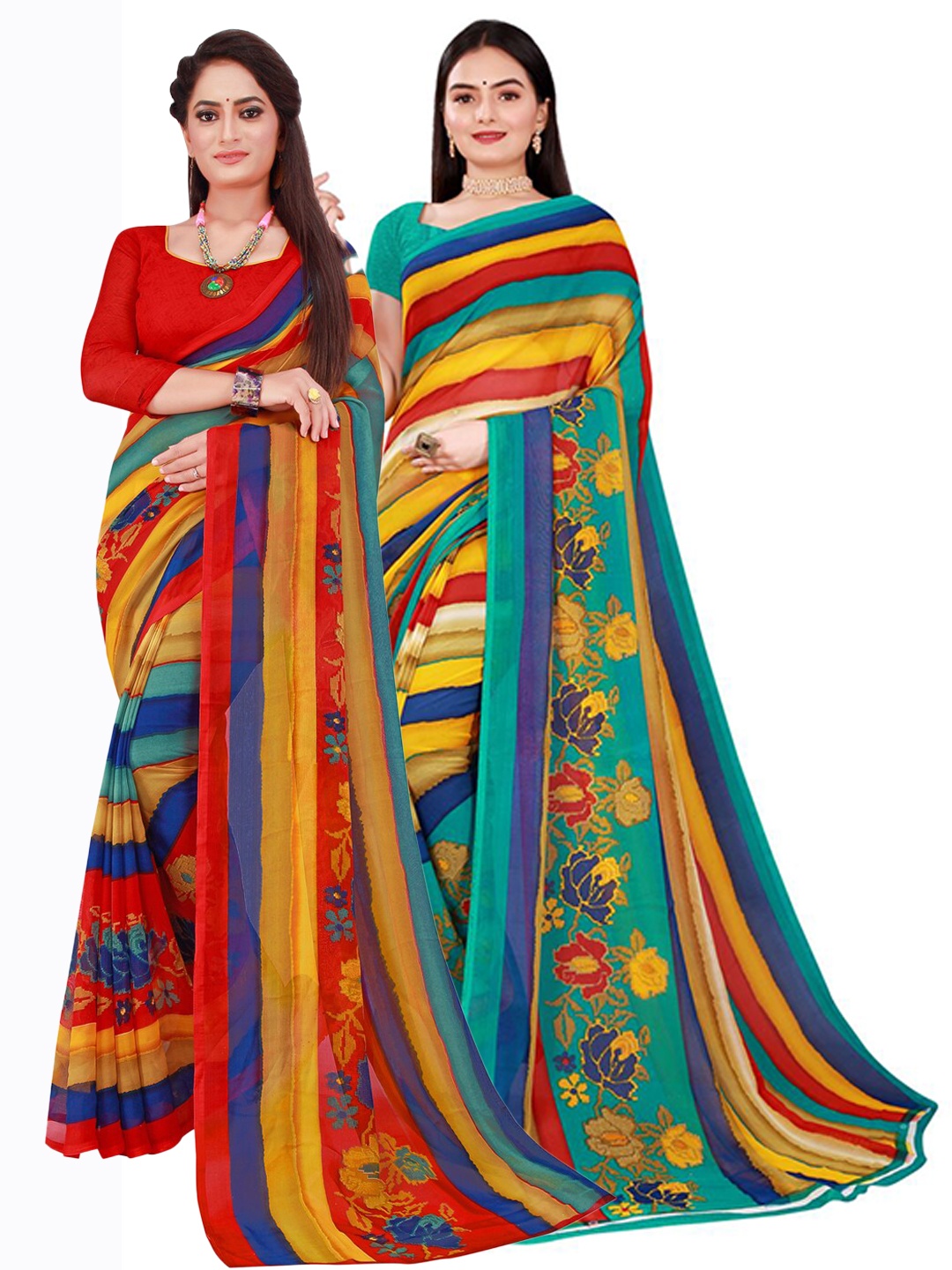 SAADHVI Red & Blue Set Of 2 Floral Pure Georgette Saree