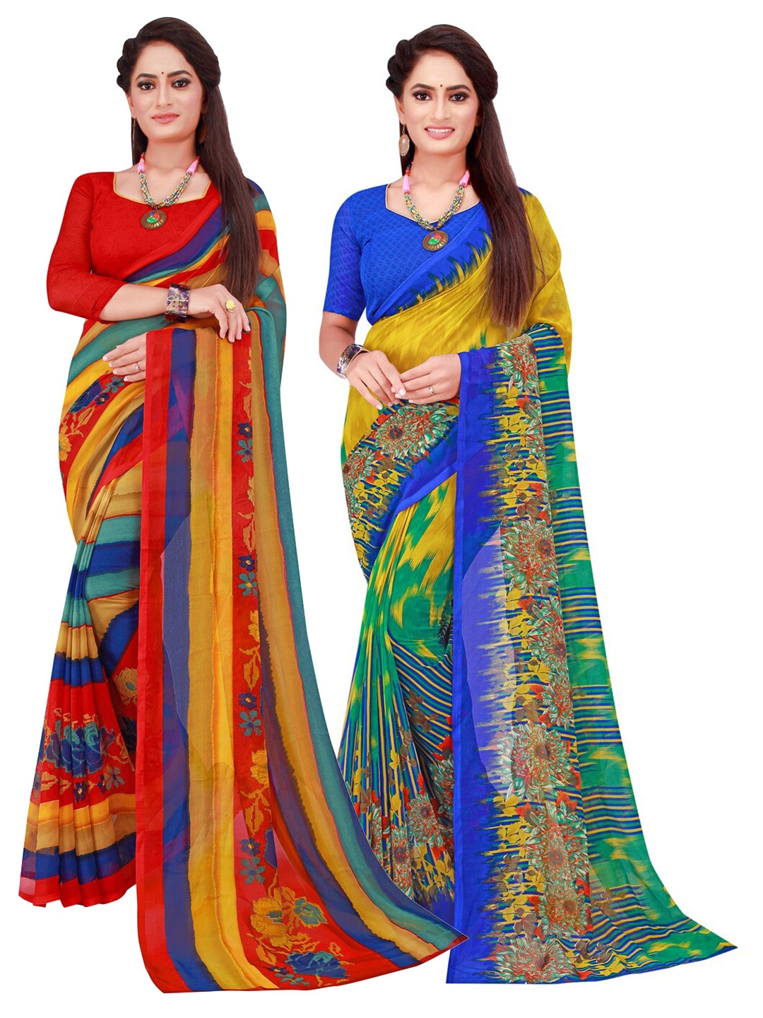 

SAADHVI Red & Blue Pure Georgette Printed Saree Pack Of 2