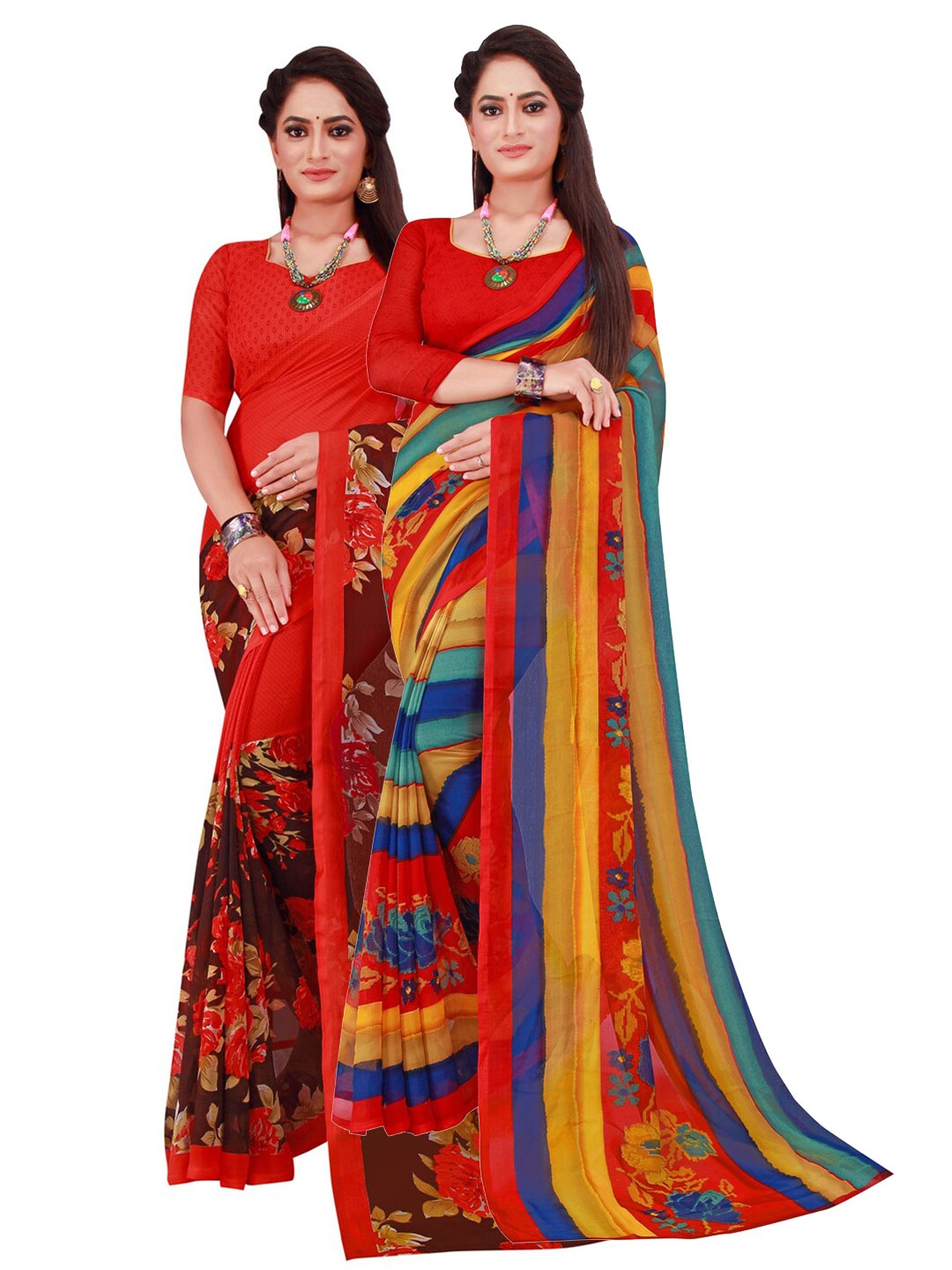 

SAADHVI Red & Blue Set of 2 Floral Printed Pure Georgette Saree