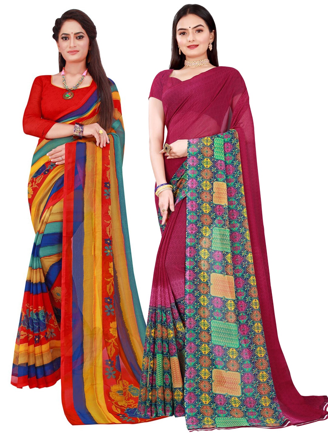 

SAADHVI Pack of 2 Red & Blue Pure Georgette Sarees