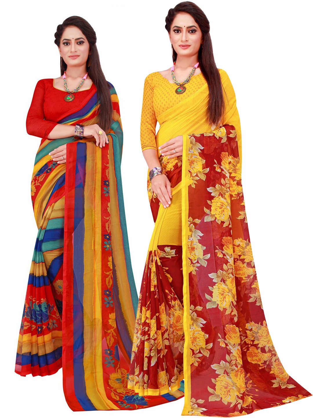 

SAADHVI Red & Yellow Pure Georgette Saree