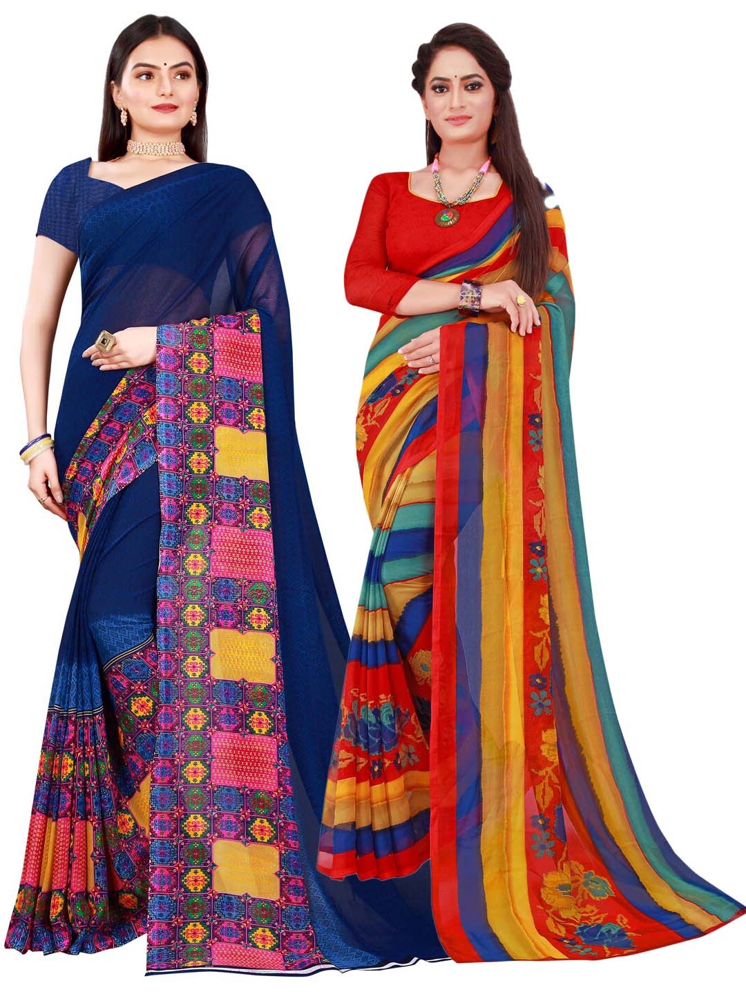 

SAADHVI Pack Of 2 Red & Blue Pure Georgette Saree
