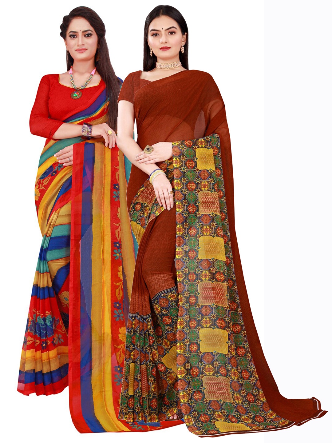 SAADHVI Red & Blue Set Of 2 Floral Pure Georgette Saree