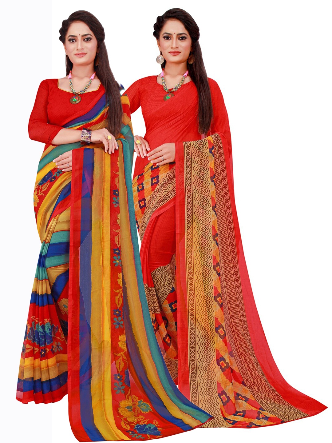 

SAADHVI Red & Orange Pure Georgette Printed Saree Pack Of 2