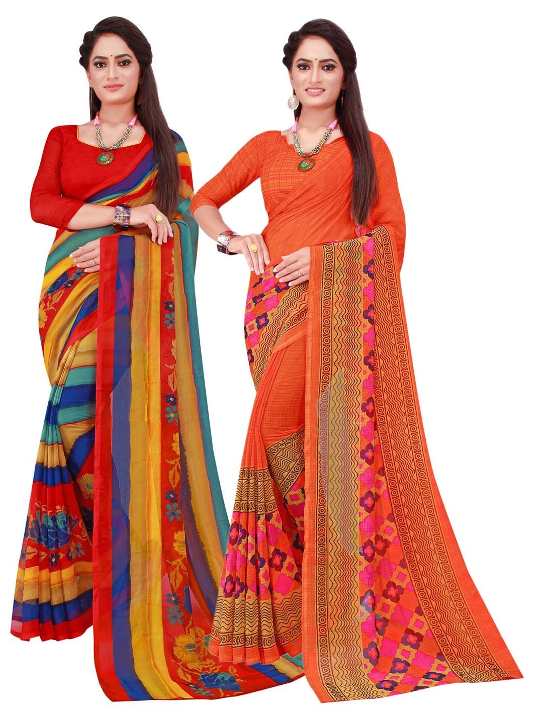 

SAADHVI Pack of 2 Red & Orange Pure Georgette Sarees