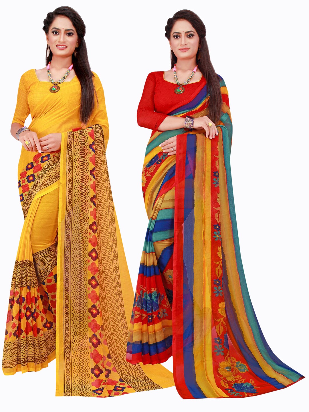 

SAADHVI Pack Of 2 Red & Yellow Pure Georgette Saree
