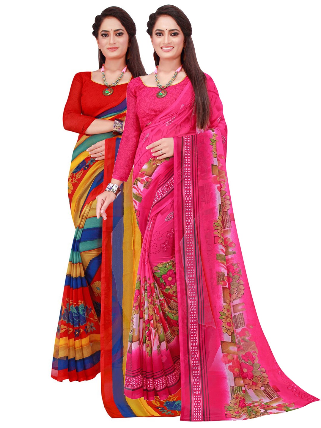 

SAADHVI Set Of 2 Red & Pink Floral Pure Georgette Saree