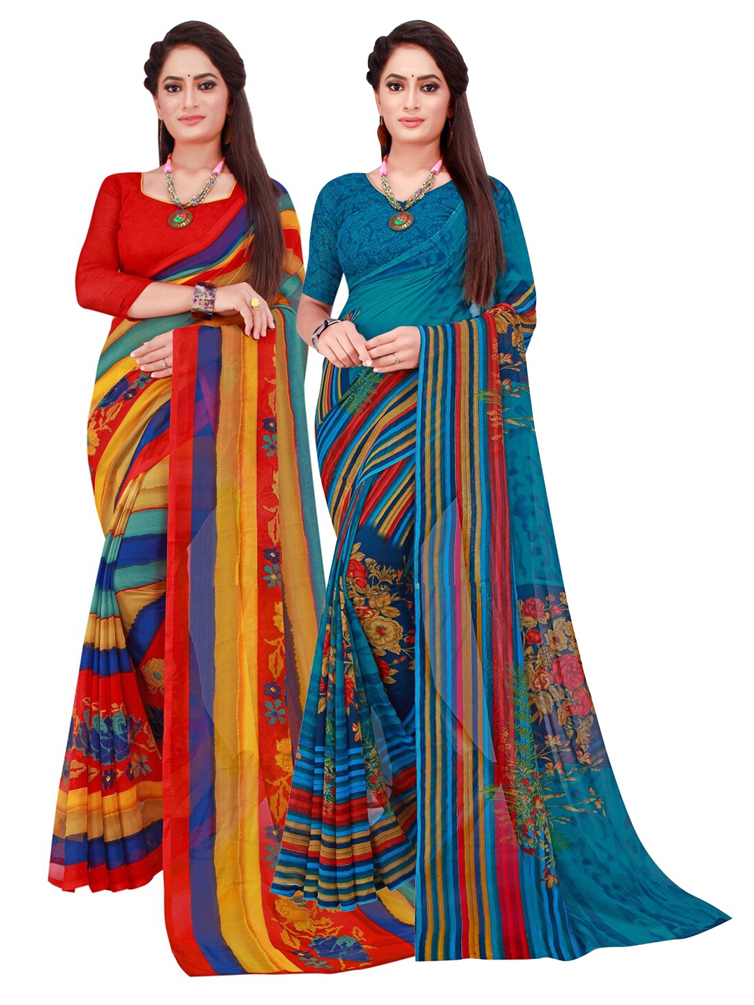 

SAADHVI Red & Teal Set Of 2 Floral Pure Georgette Saree