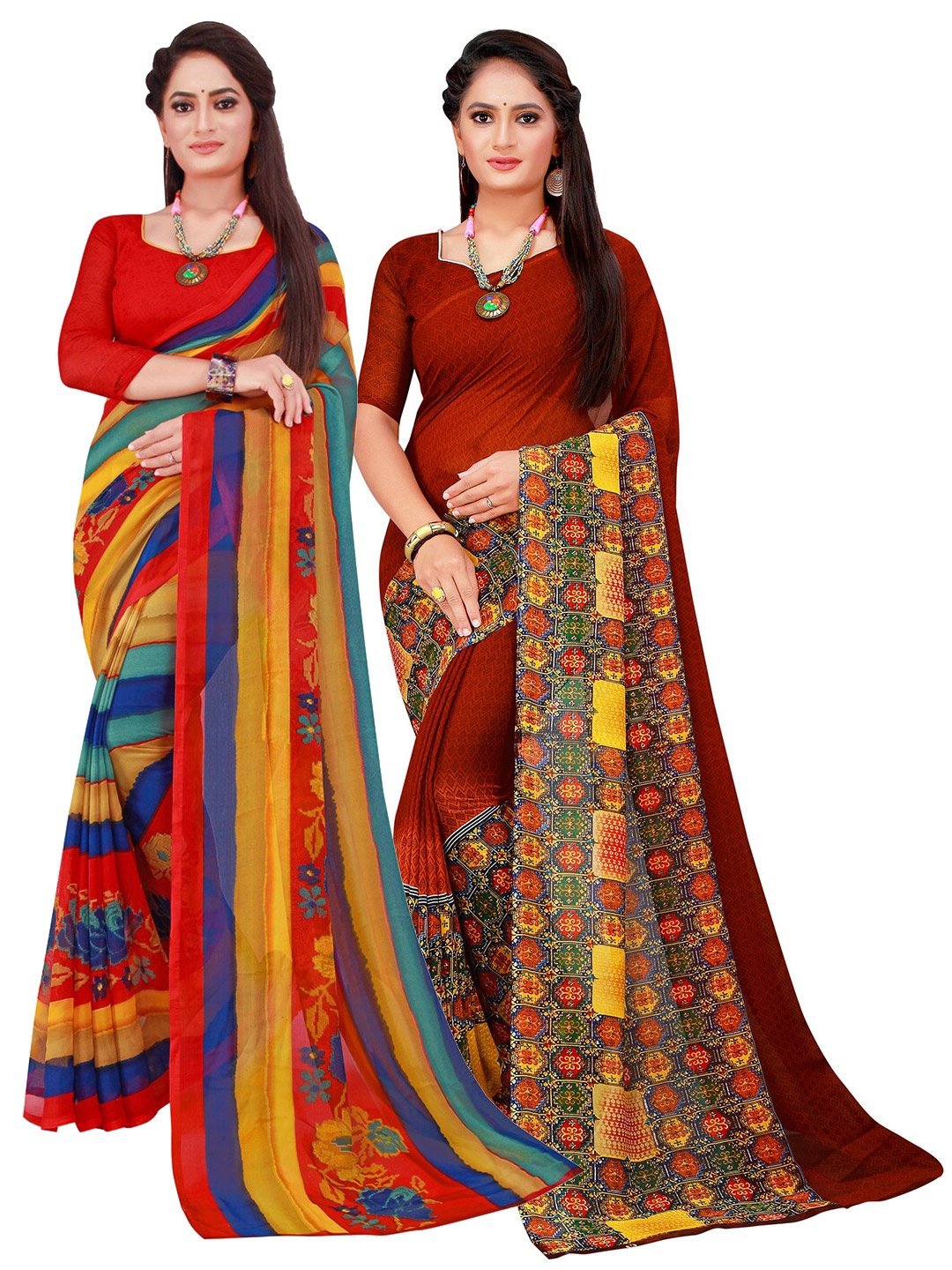 

SAADHVI Red & Brown Set of 2 Floral Printed Pure Georgette Saree