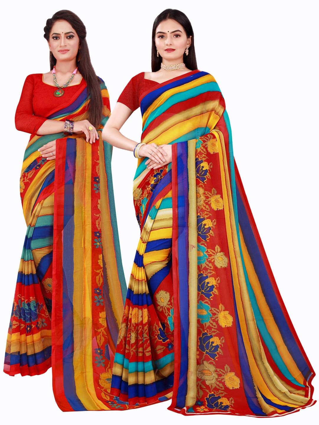 

SAADHVI Red & Yellow Pure Georgette Printed Saree Pack Of 2