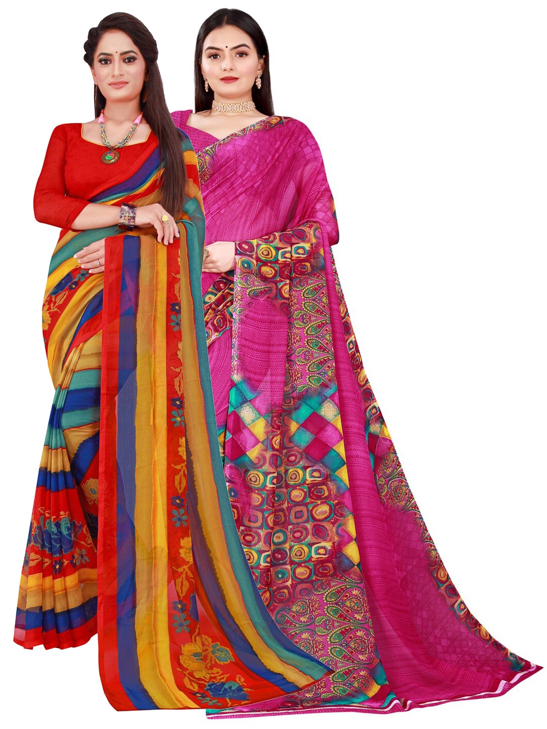 

SAADHVI Red & Yellow Pure Georgette Saree