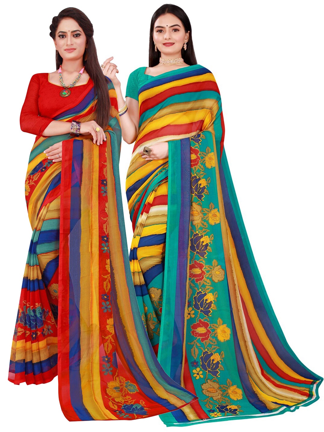 SAADHVI Pack Of 2 Red & Blue Pure Georgette Saree