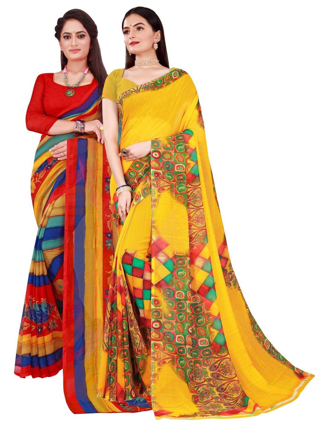 

SAADHVI Red & Yellow Set Of 2 Floral Pure Georgette Saree