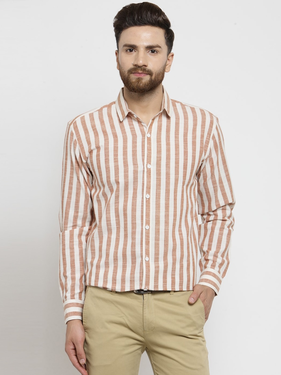 

JAINISH Men Regular Fit Orange Standard Striped Formal Shirt