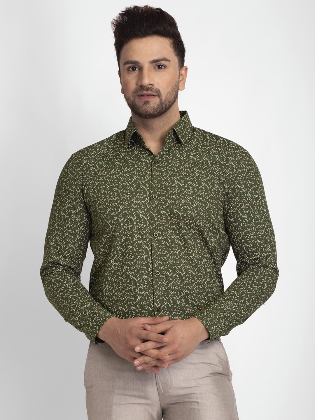 

JAINISH Men Olive Green Standard Printed Pure Cotton Casual Shirt